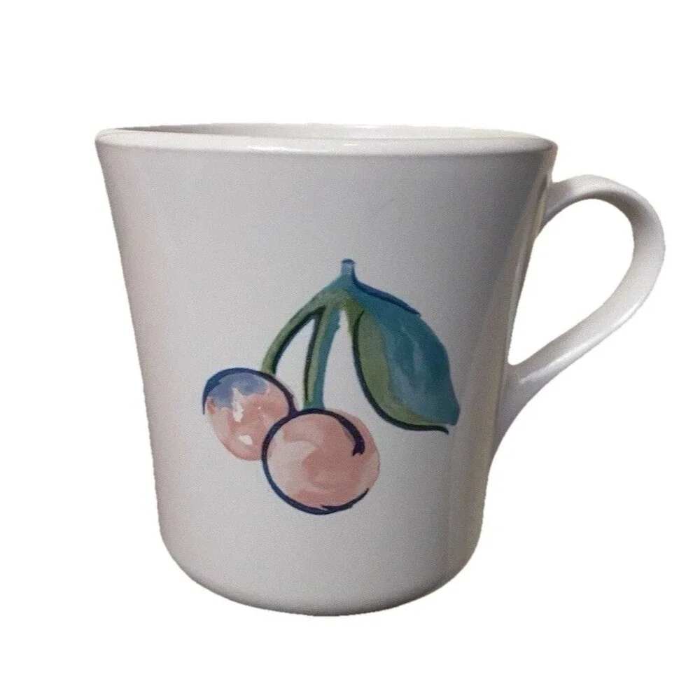 Corelle Fruit Basket Mugs Set 6 Apples Cherries White Coffee Cups Vintage Tea